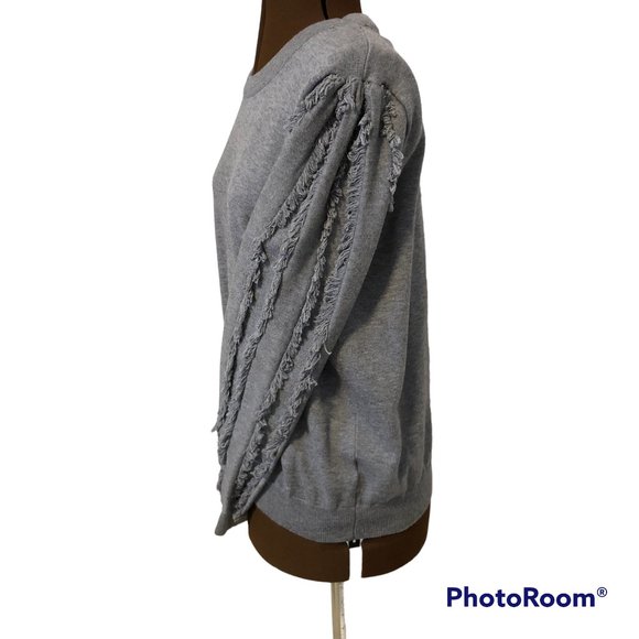Grey Pullover Sweater with Fringe Trimmed Sleeves - Picture 2 of 6